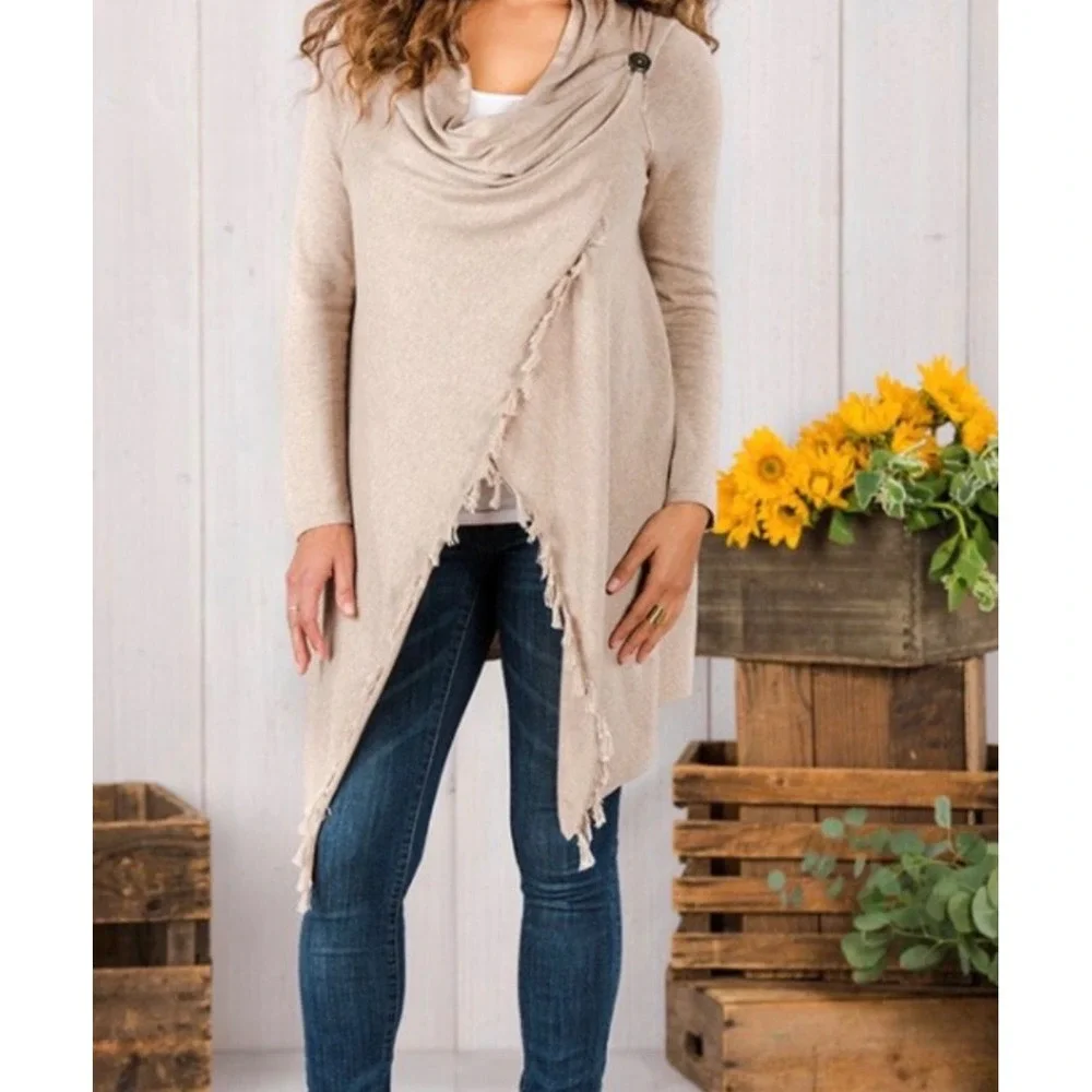 Matilda Jane Come On Over Tan Cardigan Sweater Knot Fringe‎ Button Detail Size M